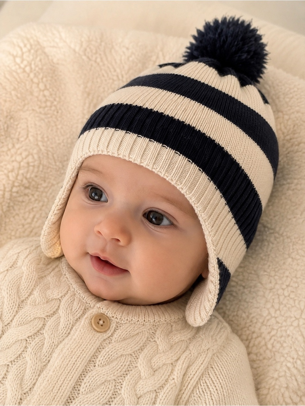 Vintage Navy and Cream Striped Earflap Baby Hat with Pom